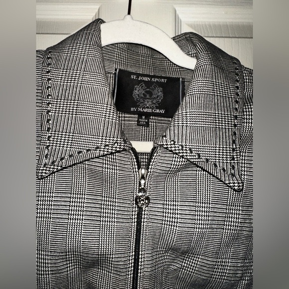 St. John Sport by Marie Gray black plaid studded collared blazer jacket M winter - Picture 10 of 11